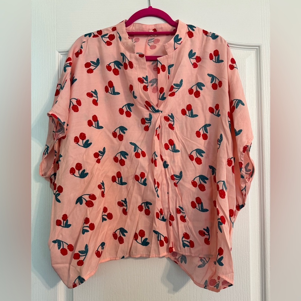 Pink Cherry Print Poncho Blouse